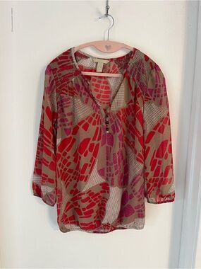Banana Republic Tan Blouse with Red & Pink Abstract Print